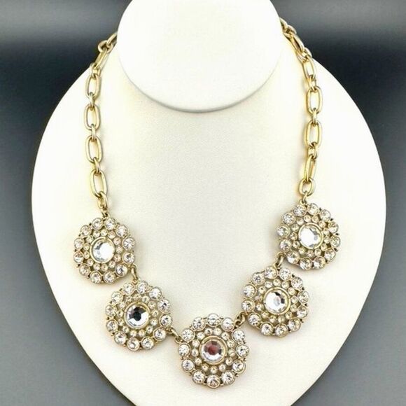 J Crew Rhinestone Crystal Round Flower Floral Statement Necklace 16 - 18" - Picture 1 of 4